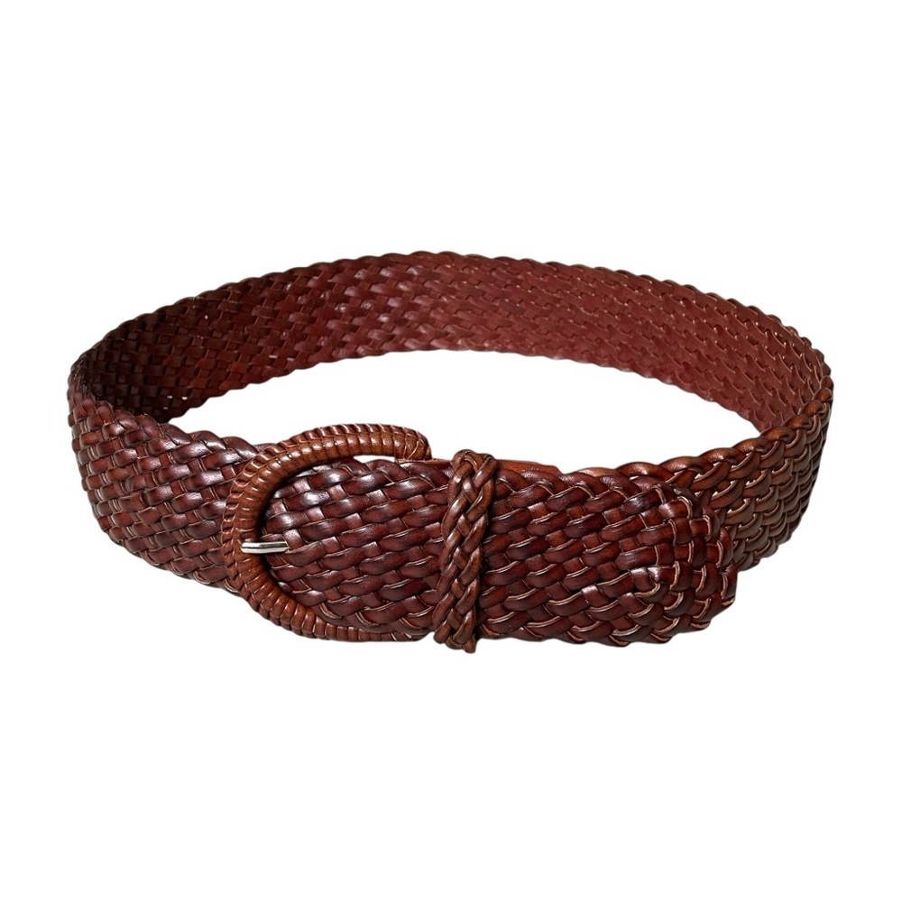 VERA PELLE Boho Leather Woven Braided Wide Belt Brown